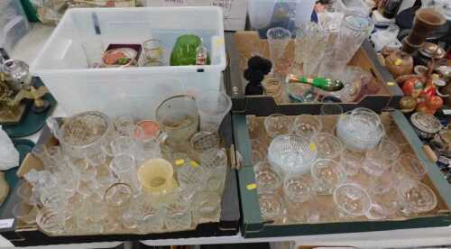 Household glassware, etched glass tumblers, dessert bowls, sundae dishes, coloured glassware,...