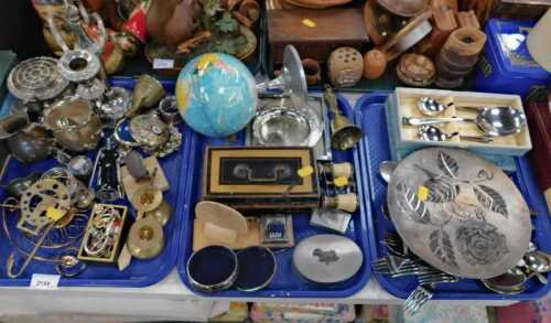 Silver plated wares, tabletop globe, candelabrum, brass candlesticks, onyx Egyptian figure,...
