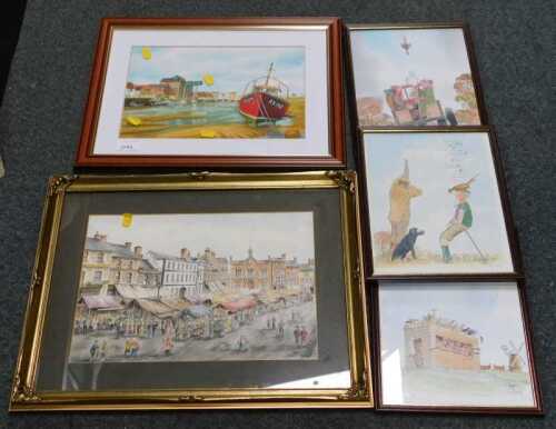 Watercolours and prints, including a watercolour by P Gurney of Boston, another by S Bramma of...