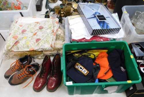 Assorted gentleman's clothing, a pair of Dr Martens leather boots, baseball caps, curtains, etc....