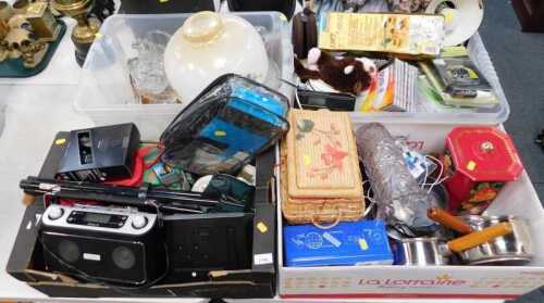 An Elam II Pure radio, stainless steel saucepans, sewing box, CDs, glassware, lamp shade, tripod,...