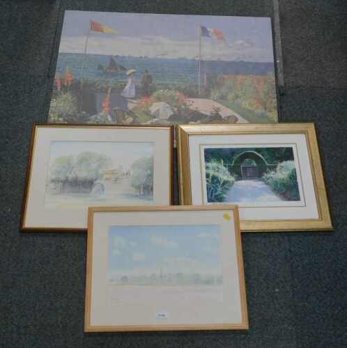 Pictures and prints, including a watercolour by Jean Wakem of Glinton, and a print after Monet...