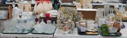 Various coloured glass Oriental style floral displays, together with brassware, a Days Gone car,...
