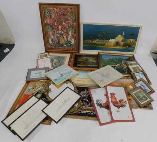 Pictures, prints, etc., to include Raymond Watking, study of owls, embroideries, gilt framed...