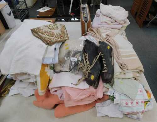 Textiles, to include towels, blankets, linen, two pairs of ice skates, etc. (a quantity)