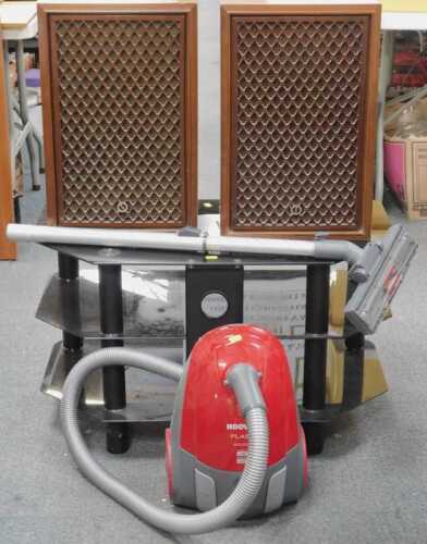 A pair of Sansui speakers, SP-50, together with a Hoover Flash vacuum cleaner, and a glass three...