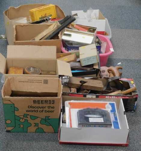 Various tools, to include wood planes, saws, calipers, axes, drill bits, various cigarette tins,...