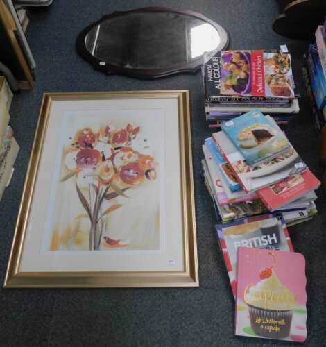 Various cookery and art related books, a Stag mahogany wall mirror, and a floral print. (a...