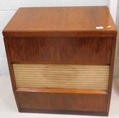 A mid-20thC HMV walnut cased radiogram, with front speaker, part manual, numbered 144181.