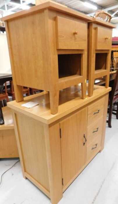 Various furniture, a pair of light oak finish side cabinets, each with drawer above open shelf...