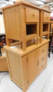 Various furniture, a pair of light oak finish side cabinets, each with drawer above open shelf...