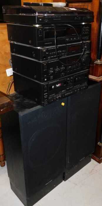 A stacking system, to include Technics turntable SL-J110R, compact disc player SL-PJ27A, radio...