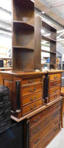 Various furniture, chest of four drawers, two pedestal chests, oak shelves, and a further oak...