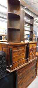 Various furniture, chest of four drawers, two pedestal chests, oak shelves, and a further oak...