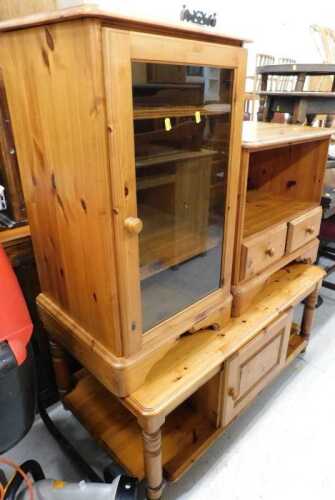 Various pine furniture, Hi-fi cabinet, TV stand, and low coffee table with central cupboard.
