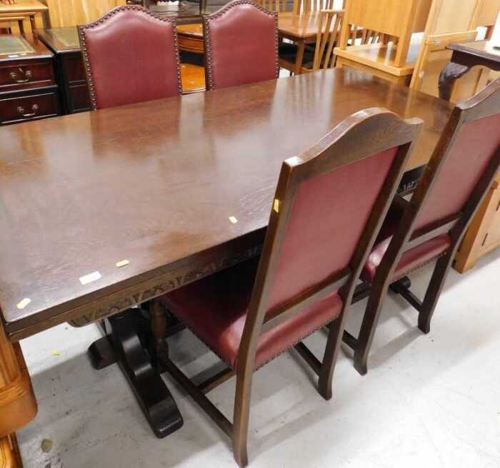 Various oak furniture, a refectory style table, four chairs with arch top, overstuffed in...