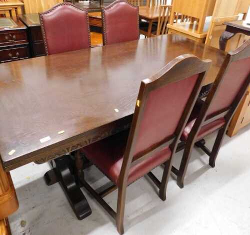 Various oak furniture, a refectory style table, four chairs with arch top, overstuffed in...