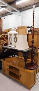 Various furniture, standard lamp, hanging lantern, coffee table, and a light oak TV stand.