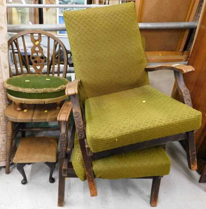 Various chairs, hoop back chair, a pair of stained pine lounge chairs with green upholstery,...