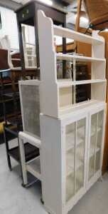 Various furniture, painted hanging shelves, bookcase, wicker style hanging shelf, meat safe with...