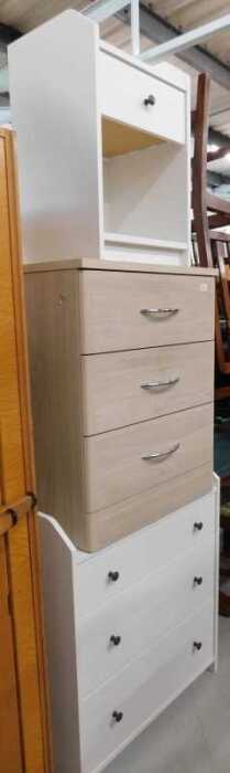 Various modern furniture, open cabinet, three drawer chest and a further three drawer chest with...
