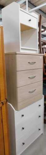 Various modern furniture, open cabinet, three drawer chest and a further three drawer chest with...
