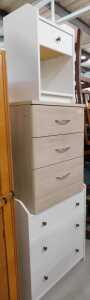Various modern furniture, open cabinet, three drawer chest and a further three drawer chest with...