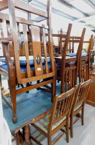 A dining room suite, comprising oak refectory style table, and a various chairs, to include pine...