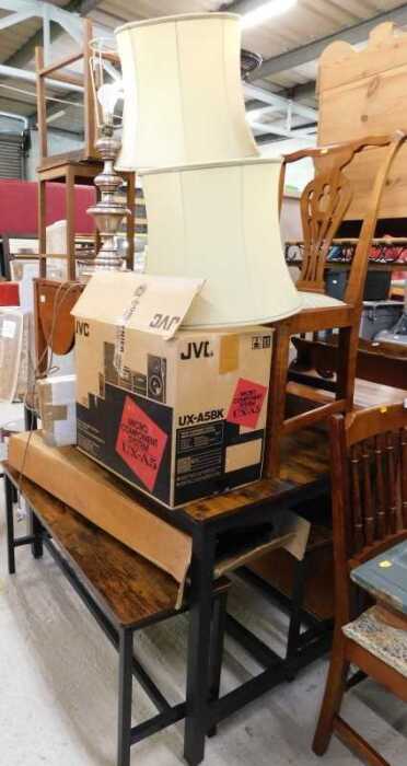 V - Various furniture and effects, a pair of table lamps, elm Chippendale style country chair,...