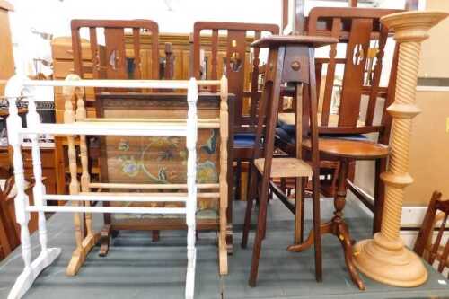 A beech clothes horse and another painted clothes horse, heavily carved oak fire screen, tripod...