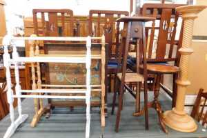 A beech clothes horse and another painted clothes horse, heavily carved oak fire screen, tripod...