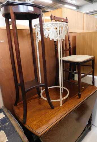 Various furniture, mahogany plant stand, further metal plant stand, Edwardian chair, oak drop...