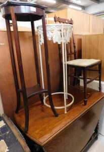 Various furniture, mahogany plant stand, further metal plant stand, Edwardian chair, oak drop...