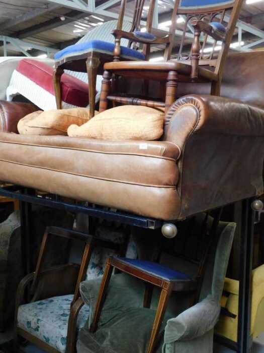 A leather two seater sofa, Lloyd Loom style chair, various other chairs, Edwardian and other...