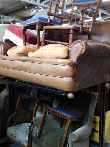 A leather two seater sofa, Lloyd Loom style chair, various other chairs, Edwardian and other...