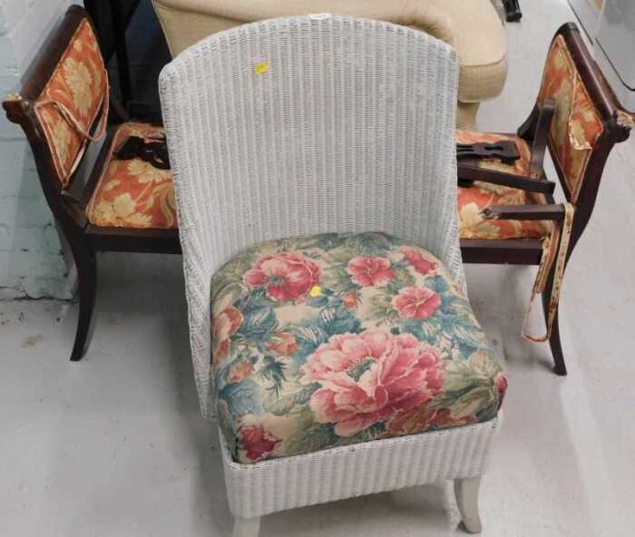 A mahogany finish scroll duet or window stool, and a Lloyd Loom style chair. (2, AF)