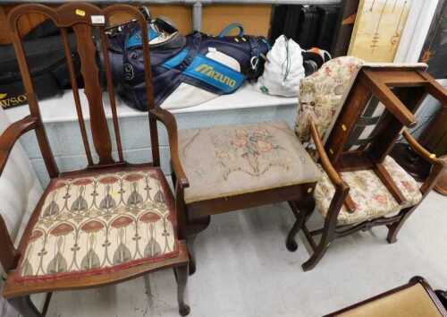 An Edwardian mahogany elbow chair, overstuffed stool, early 20thC oak stool with overstuffed...