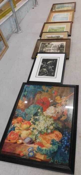 Various pictures, prints, watercolour landscape, initialled and dated 1942, floral prints, etc....
