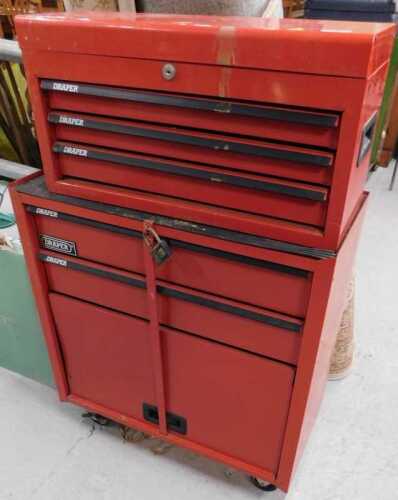 A Draper metal tool cabinet, in red and black, with a quantity of various hand tools, Draper...