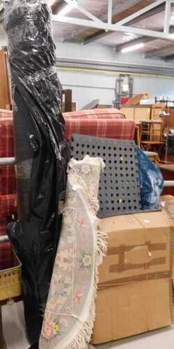 A Chinese rug, various other items, mats, roll of coir matting, etc. (a quantity)