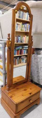 A Ducal pine cheval mirror, on base with single drawer.
