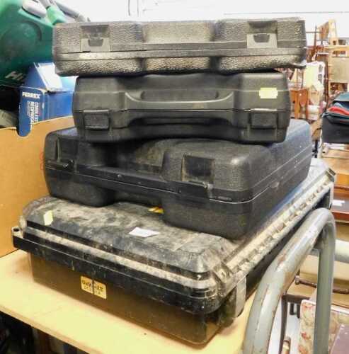 Various DeWalt tool boxes, tools, .4 volt drill with batter pack in unnamed box, Power Devil...