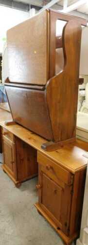 Various furniture and effects, retro oak stained monk's bench, pine twin pedestal desk, and a...