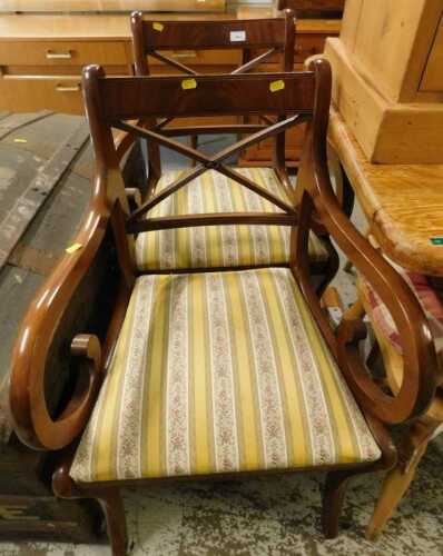 Two various dining chairs, with drop in seats, upholstered in Regency striped style material....