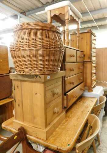 Various furniture and effects, a wicker linen basket, various Ducal style and other pine, oblong...