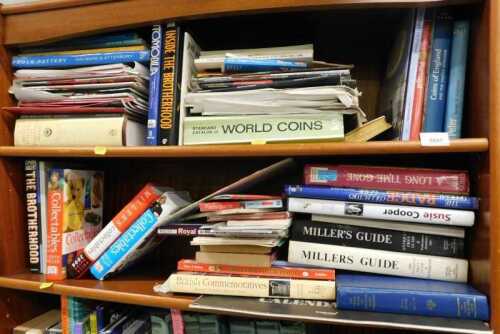 Various books, mainly non fiction, Poole Pottery, Coins of England, various other antiques,...