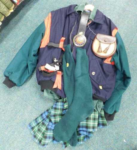 A Weekend label corduroy shirt, in green, green and blue tartan kilt, jacket in red, blue and...