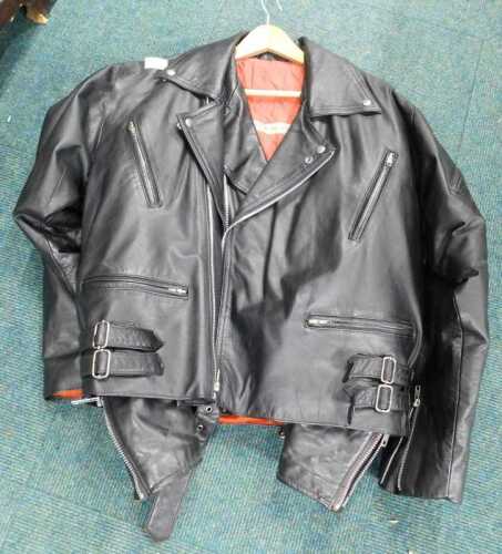 A leather biker style jacket, with chrome zip, quarter length, and another similar, size unknown....