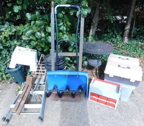 Various items, folding step ladder, garden aerator, sack barrow, bistro table, carry cases, etc....