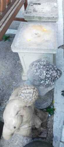 Various garden statues, two plinth bases, lion statue, and another Hercules.